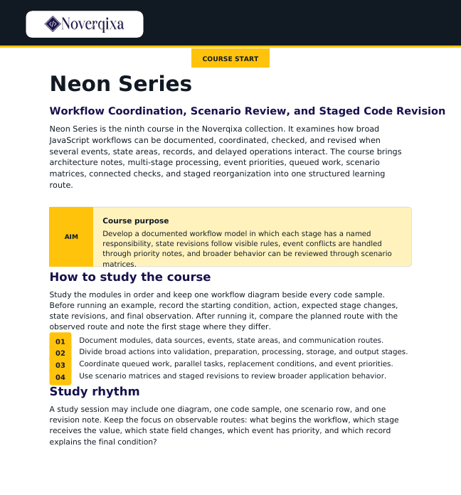 A document page titled 'Neon Series' from Noveriqna, outlining course details for a JavaScript workflow automation module. The page features a yellow highlighted section detailing the course's aim, study methods, and study rhythm.