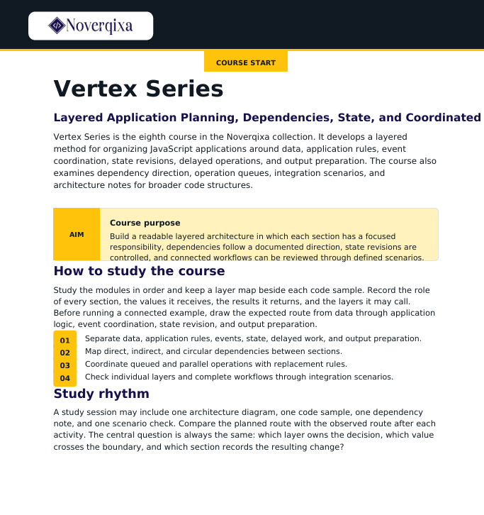 A text-based course overview page for the 'Vertex Series' by Novqrixa, outlining course details, aims, learning objectives, and study rhythm in black text on a white background with a blue accent bar.