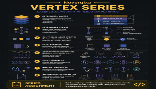 A dark-themed infographic titled 'Noveriqxa Vertex Series' explaining layered JavaScript application planning with numbered steps, icons, and technical diagrams on a black background.