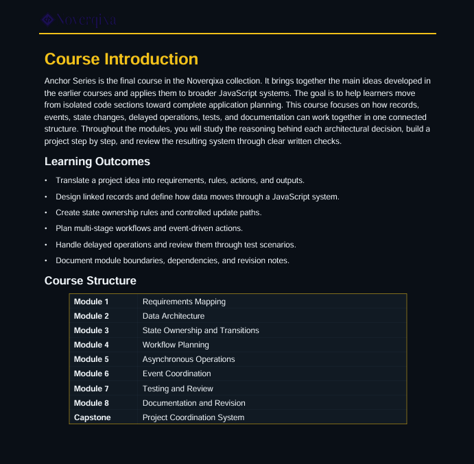 A dark-themed digital document titled 'Course Introduction' from Novenovate, outlining learning outcomes and a course structure table for a software architecture course.