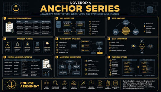 A dark-themed infographic poster titled 'NOVERQIXA ANCHOR SERIES' with gold and white text, featuring multiple labeled sections such as requirements mapping records, data architecture, state ownership, event coordination, function and workflow testing, and course assignment, decorated with anchor and database icons.