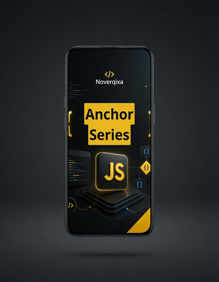A smartphone centered on a dark studio background, displaying a digital course or app interface titled 'Noverqixa Anchor Series JS' in yellow and black.