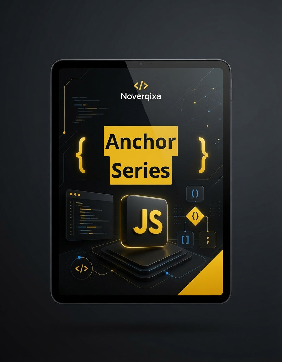 A tablet device centered on a dark background, displaying a digital cover design with the text 'Noverqixa' and 'Anchor Series' in yellow and black, alongside JS-themed graphics.
