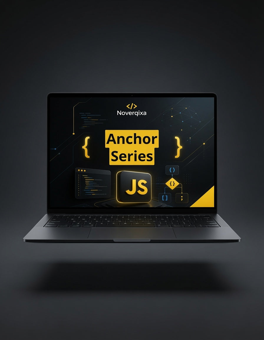 A dark gray laptop floating against a black background, displaying a digital course or series graphic on its screen with the text 'Noverqixa Anchor Series', 'JS', and JavaScript code symbols in yellow and white.