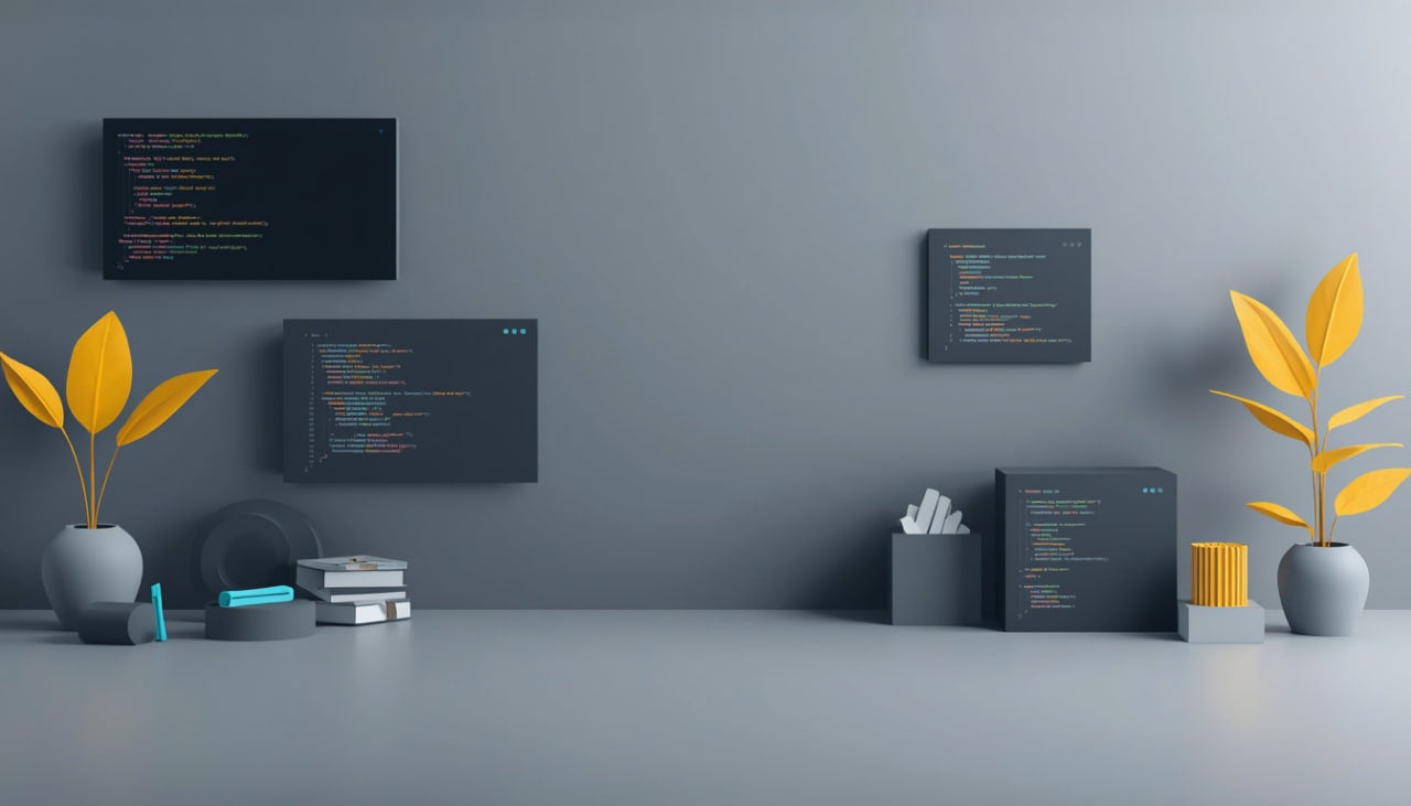 A minimalist modern office setup with a gray wall and desk, featuring several black computer monitors displaying colorful code, a few books, decorative yellow plants in gray vases, and a black storage box on a gray surface.