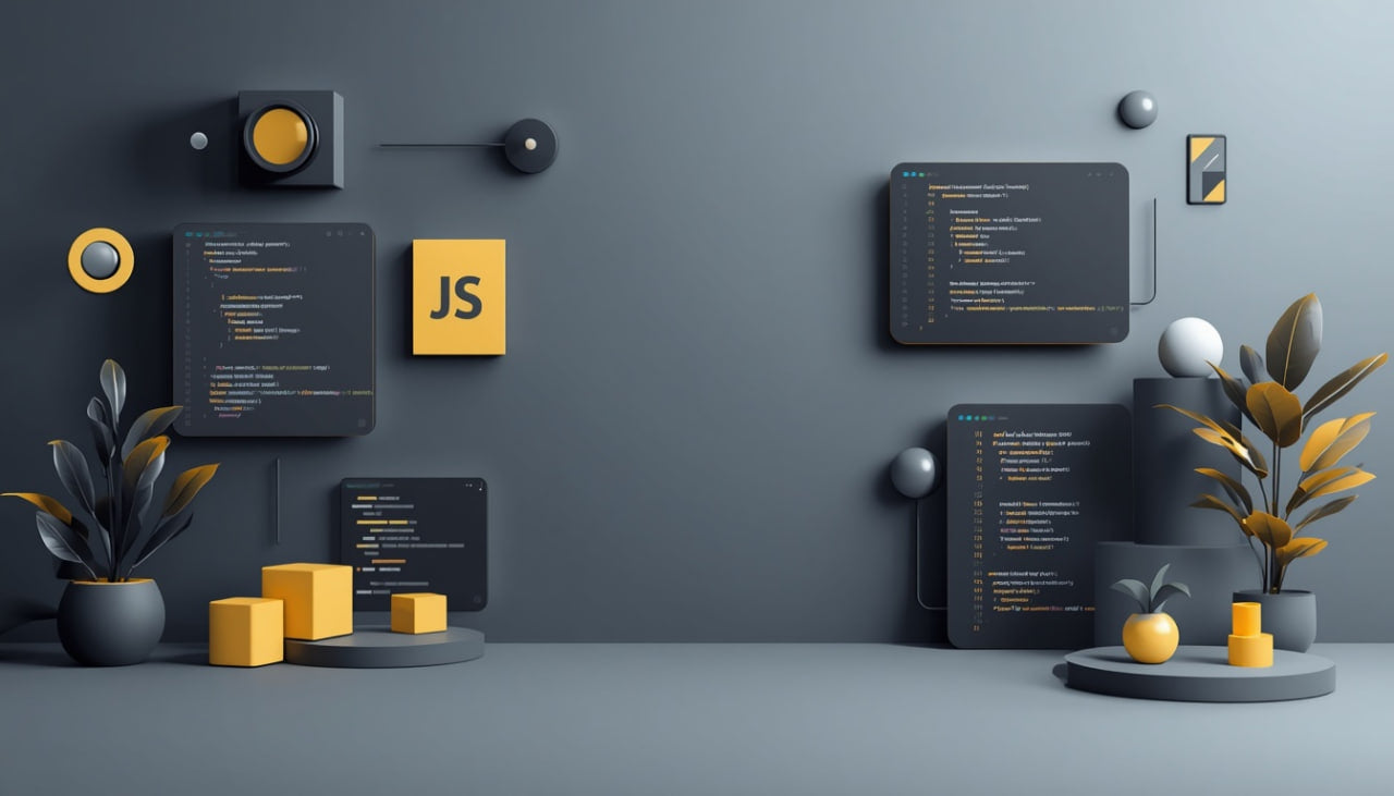 A stylized digital render of a dark gray wall with multiple floating black code screens, a yellow JS icon, and yellow geometric blocks, surrounded by potted plants and decorative spheres.