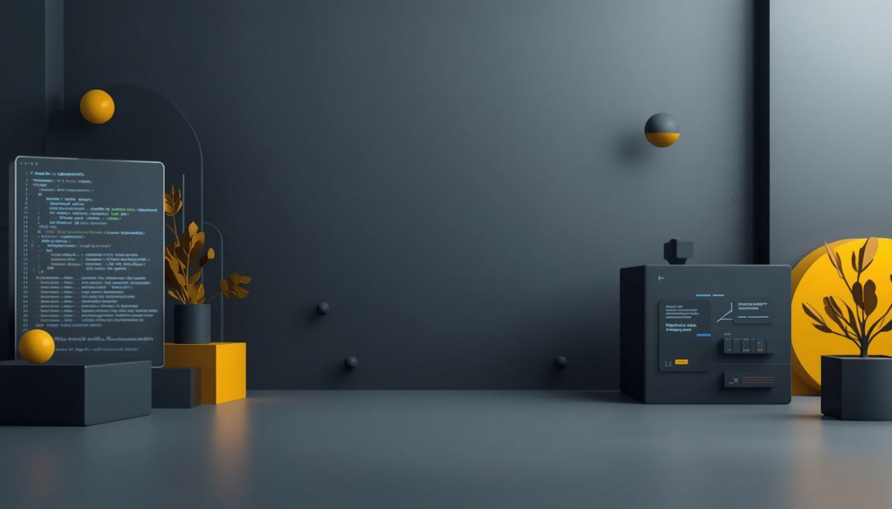 A dark gray minimalist studio setup with two black electronic devices, yellow geometric props, and a small plant against a dark gray wall.