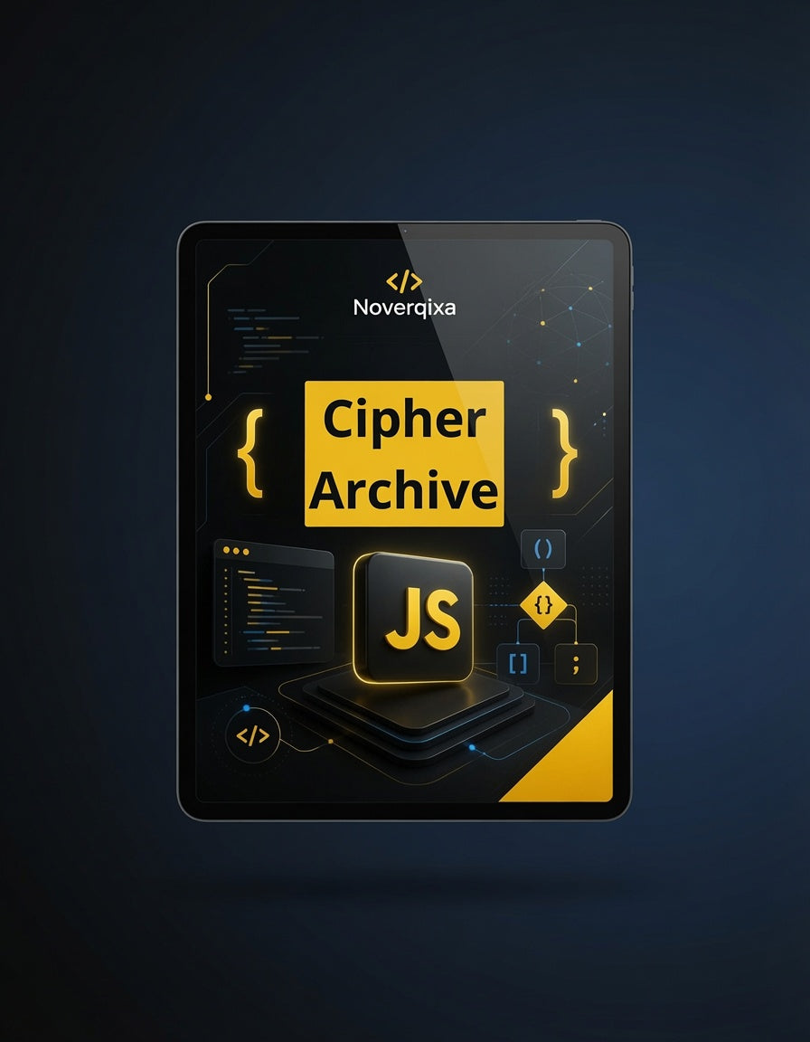 A digital mockup of a tablet displaying a dark-themed interface titled 'Cipher Archive' with a prominent yellow JS icon and code-style graphics, set against a dark blue background.