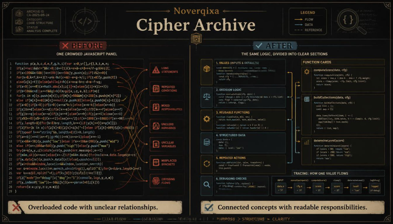 A dark software interface screenshot titled 'Noverqixa Cipher Archive' with before/after code comparison panels, orange and white text, and a tech-themed layout on a black background.