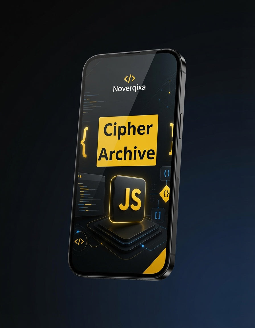 A black smartphone floating against a dark blue gradient background, displaying the Noverqixa 'Cipher Archive' app interface with yellow and black graphics and a large JS icon on the screen.