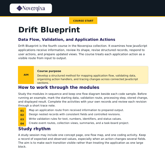 A digital course page for 'Drift Blueprint' by Noverixa, outlining course details, learning objectives, and study tips in black and blue text on a white background.