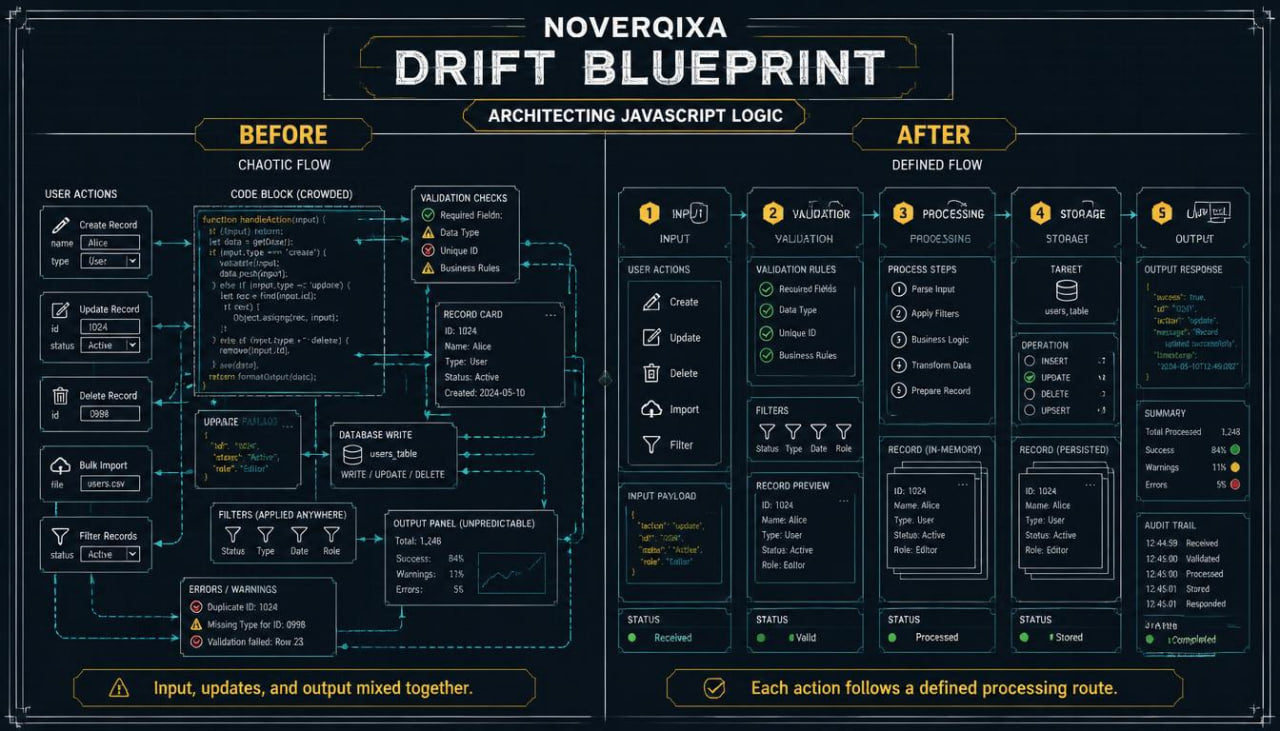 A dark-themed infographic titled 'NOVERQIXA DRIFT BLUEPRINT' showing a before-and-after comparison of JavaScript logic flow diagrams, with glowing cyan lines and boxes on a black background.