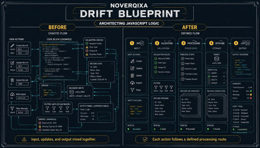 A dark-themed infographic titled 'NOVERQIXA DRIFT BLUEPRINT' showing a before-and-after comparison of JavaScript logic flow diagrams, with glowing cyan lines and boxes on a black background.