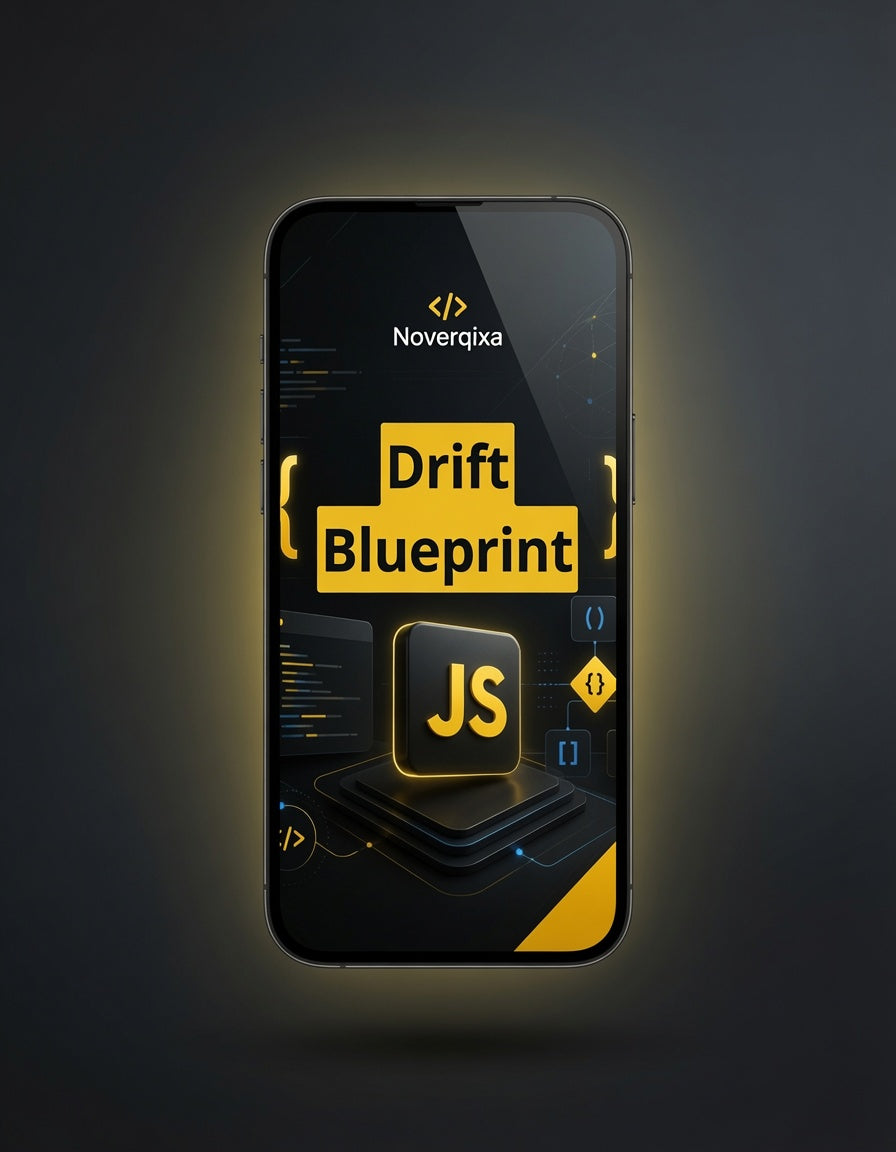 A smartphone centered on a dark gradient background, displaying a digital course or app interface titled "Drift Blueprint" with "Noverqixa" at the top and a large "JS" block graphic below.