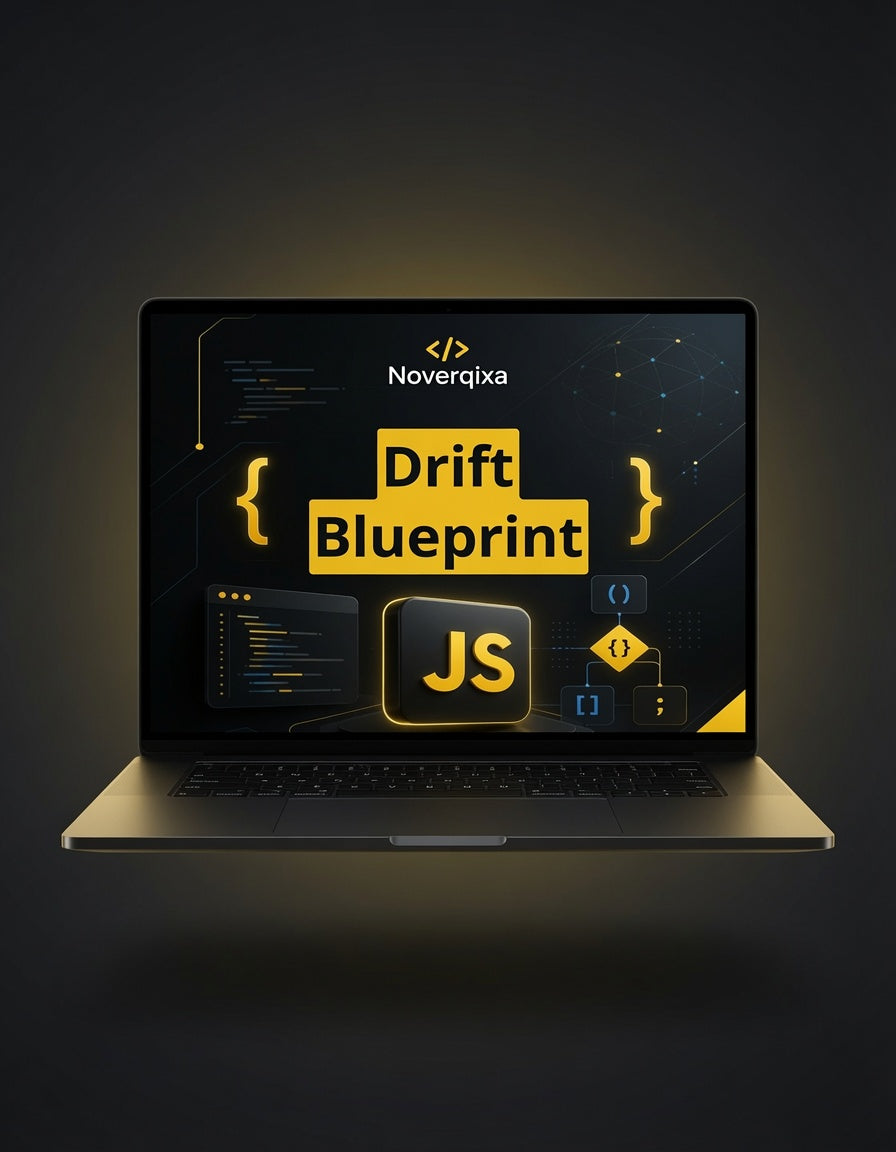 A laptop on a dark background displaying a digital course or software interface titled 'Drift Blueprint' with the 'Noverqixa' brand logo and 'JS' icon on the screen.