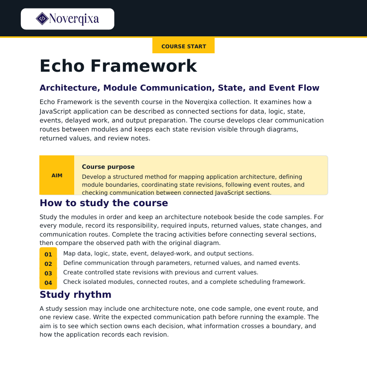 A digital course page titled 'Noverqia' for 'Echo Framework' showing course details, objectives, and study tips in a clean, structured layout.