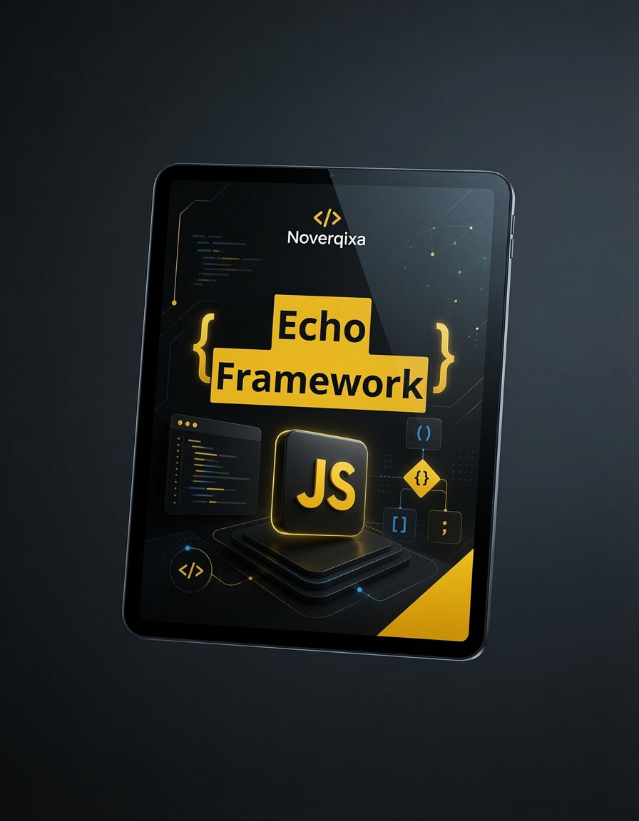 A digital mockup of a tablet displaying a presentation or cover for 'Echo Framework' with a prominent yellow JS logo, set against a dark gray background.