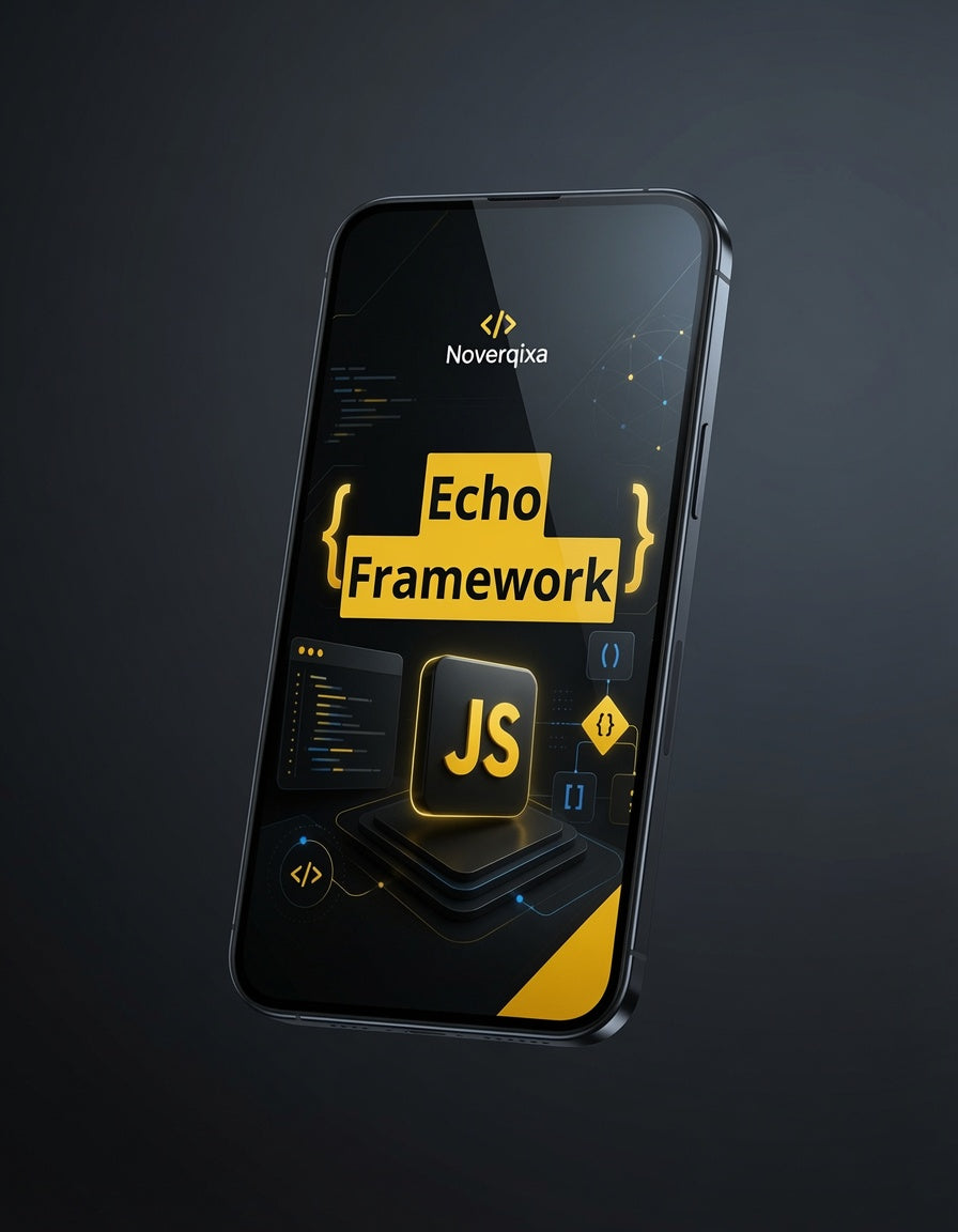 A smartphone shown at an angle on a dark gray background, displaying a digital cover design for a 'Novergixa Echo Framework JS' app or course.