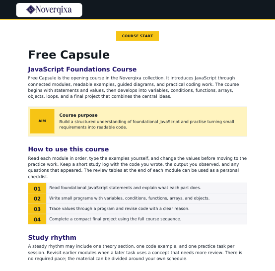 A screenshot of a webpage for the Noverjya JavaScript Foundations Course, showing text sections, a yellow 'Course Start' button, and a highlighted box with course details.