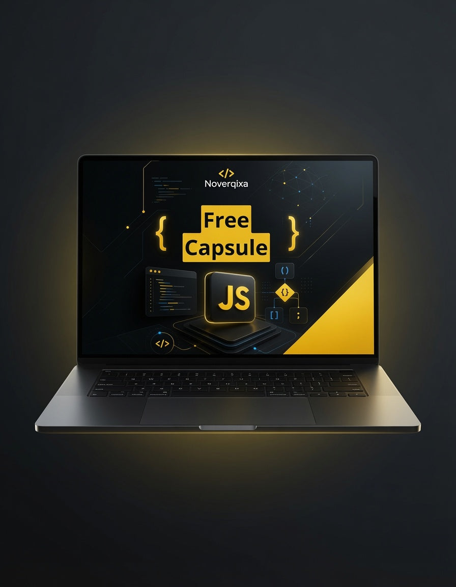 A silver laptop floating against a dark background, displaying a digital course or software interface on screen with the text 'Nooverqpa' and 'Free Capsule JS' in yellow and black.