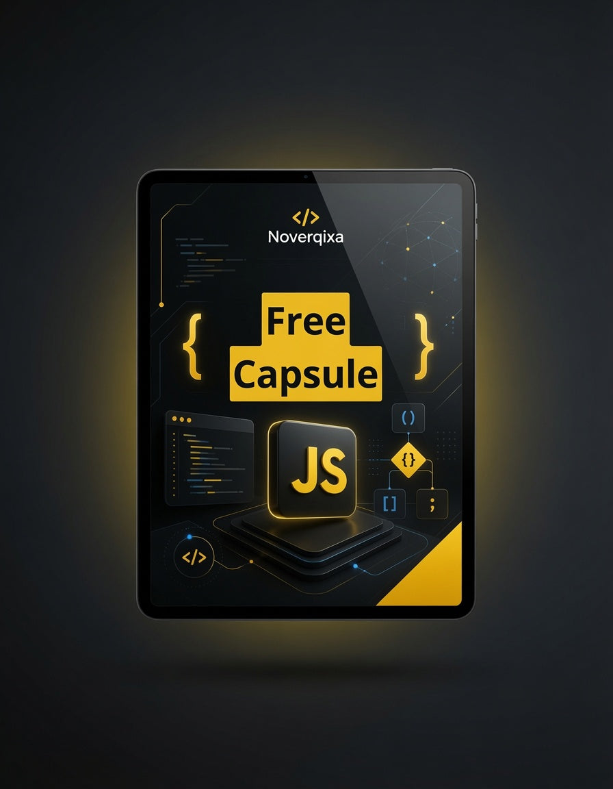 A digital promotional graphic displayed on a tablet screen, featuring the text 'Noverqixa' and 'Free Capsule' with a large 'JS' icon, set against a dark glowing background.