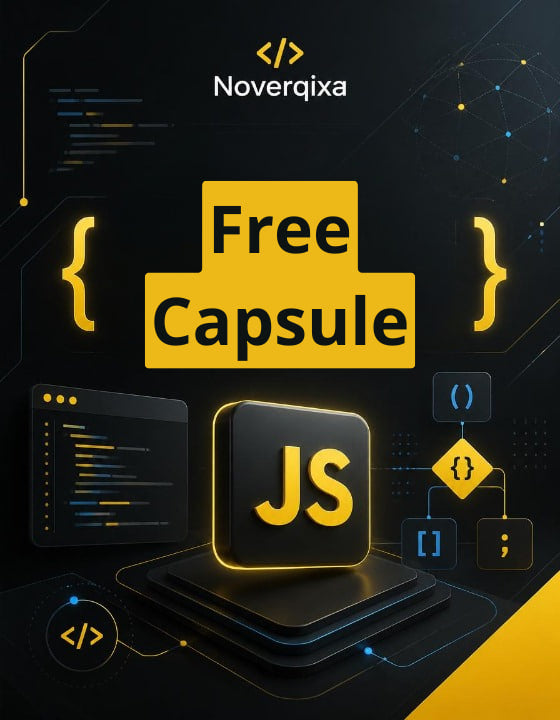 Promotional graphic for 'Free Capsule' by Noverqixa, featuring a dark background with yellow and black code-themed icons, a large JS icon, and the text 'Free Capsule' in the center.