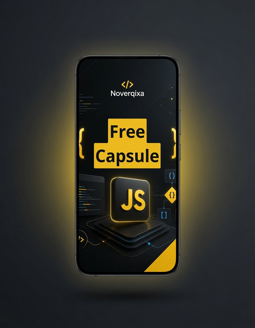A smartphone centered on a dark gray background, displaying a promotional graphic for 'Noverqixa Free Capsule' with a large yellow 'Free Capsule' block and a JS icon on a black screen.
