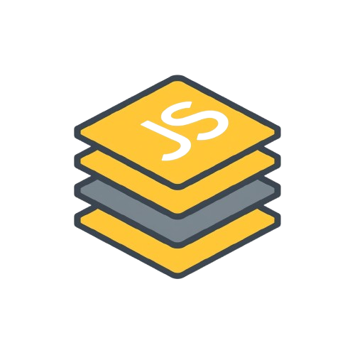 A stylized vector icon of three stacked square tiles, with the top tile in yellow and marked with a white 'JS' symbol, on a solid white background.