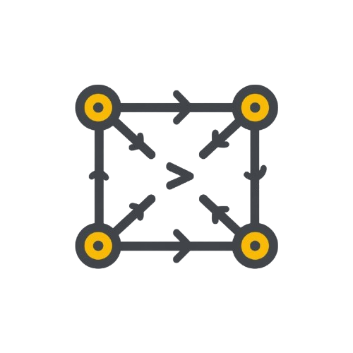 A minimalist vector icon depicting a square grid with arrows pointing inward toward yellow circles at the corners, centered on a plain white background.