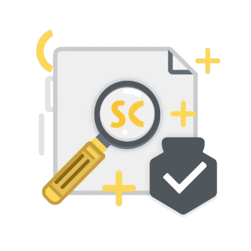 A flat vector icon showing a white document with a yellow magnifying glass over it, a yellow plus sign, and a dark gray checkmark badge on a light gray background.