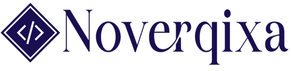 The logo for Noverqixa, featuring a dark purple diamond-shaped emblem with a code bracket symbol on the left, followed by the brand name in a matching dark purple serif font, all set against a solid white background.