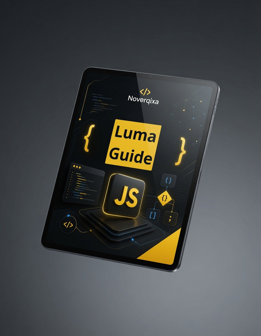 A digital mockup of a tablet or smartphone displaying a dark-themed guide cover titled 'Luma Guide' with 'JS' in the center and the Noverqxa logo at the top, shown on a dark gray gradient background.