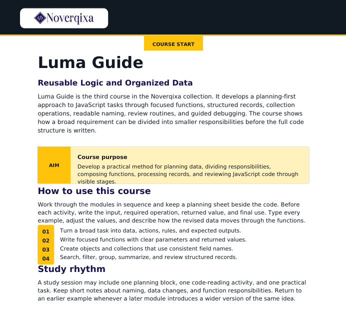 A digital course page titled 'Luma Guide' from Noverixa, outlining reusable logic and organized data concepts with text sections, a yellow 'Course start' banner, and a yellow callout box explaining course purpose.