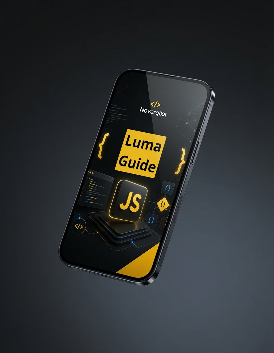 A black smartphone shown at an angle against a dark gray gradient background, displaying a yellow and black 'Luma Guide' interface with the Novoverqa logo at the top.