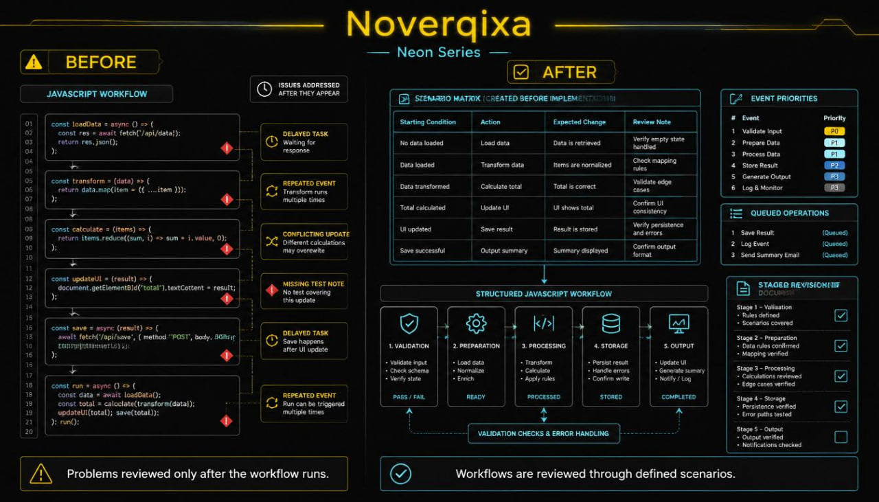 A digital infographic titled 'Novergixa Neon Series' comparing 'BEFORE' and 'AFTER' states of a JavaScript workflow. The graphic features a dark background with bright cyan and red text, boxes, and diagrams explaining workflow optimization and scenario matrices.