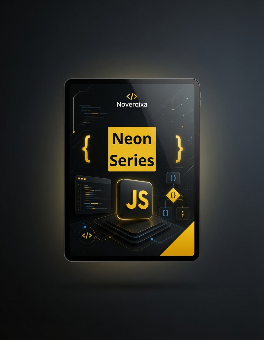 A digital mockup of a tablet or smartphone displaying a dark-themed interface with the text 'Noverqxa' and 'Neon Series' in yellow, plus a large 'JS' block graphic, set against a dark gradient background.