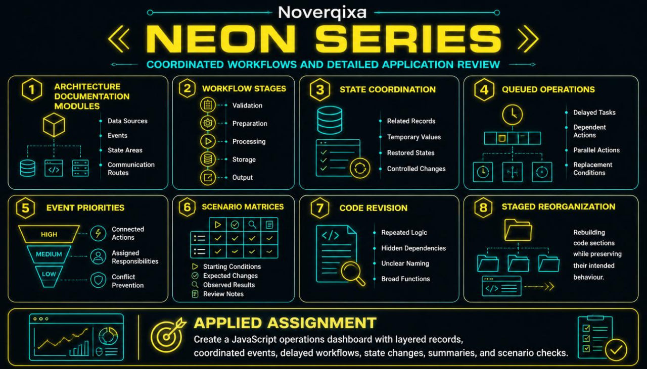 A dark teal and black infographic titled 'NEON SERIES' with the Noveriqxa logo at the top. The graphic contains multiple numbered panels with neon-style icons and text about architecture, workflow stages, state coordination, queued operations, event priorities, scenario matrices, code revision, staged reorganization, and applied assignment.