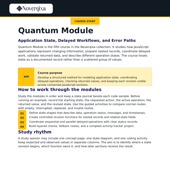 A digital course syllabus page for 'Quantum Module' from Noveriqxa, outlining course objectives, how to work through the modules with numbered points, and a study rhythm section on a white background with blue and yellow accents.