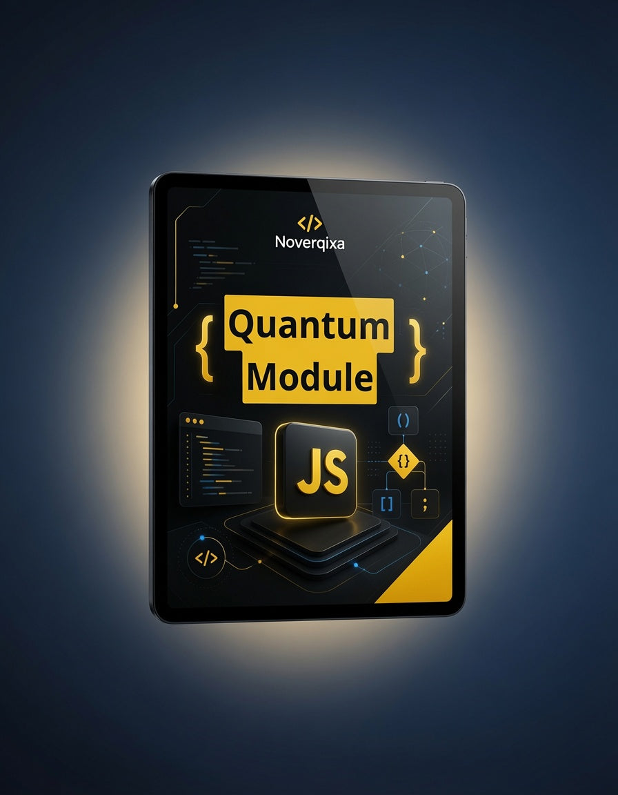 A digital mockup of a tablet displaying a dark-themed JavaScript module cover titled 'Quantum Module' with the Noverqixa brand logo, set against a dark blue gradient background with a soft glow.