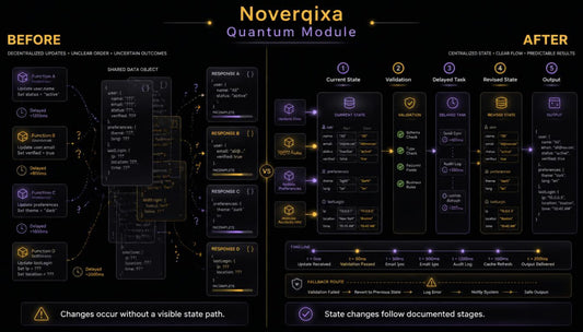 A dark technical infographic titled 'Noverqixa Quantum Module' comparing a 'BEFORE' state on the left with an 'AFTER' state on the right, using boxes, arrows, and glowing yellow interface elements on a black background.