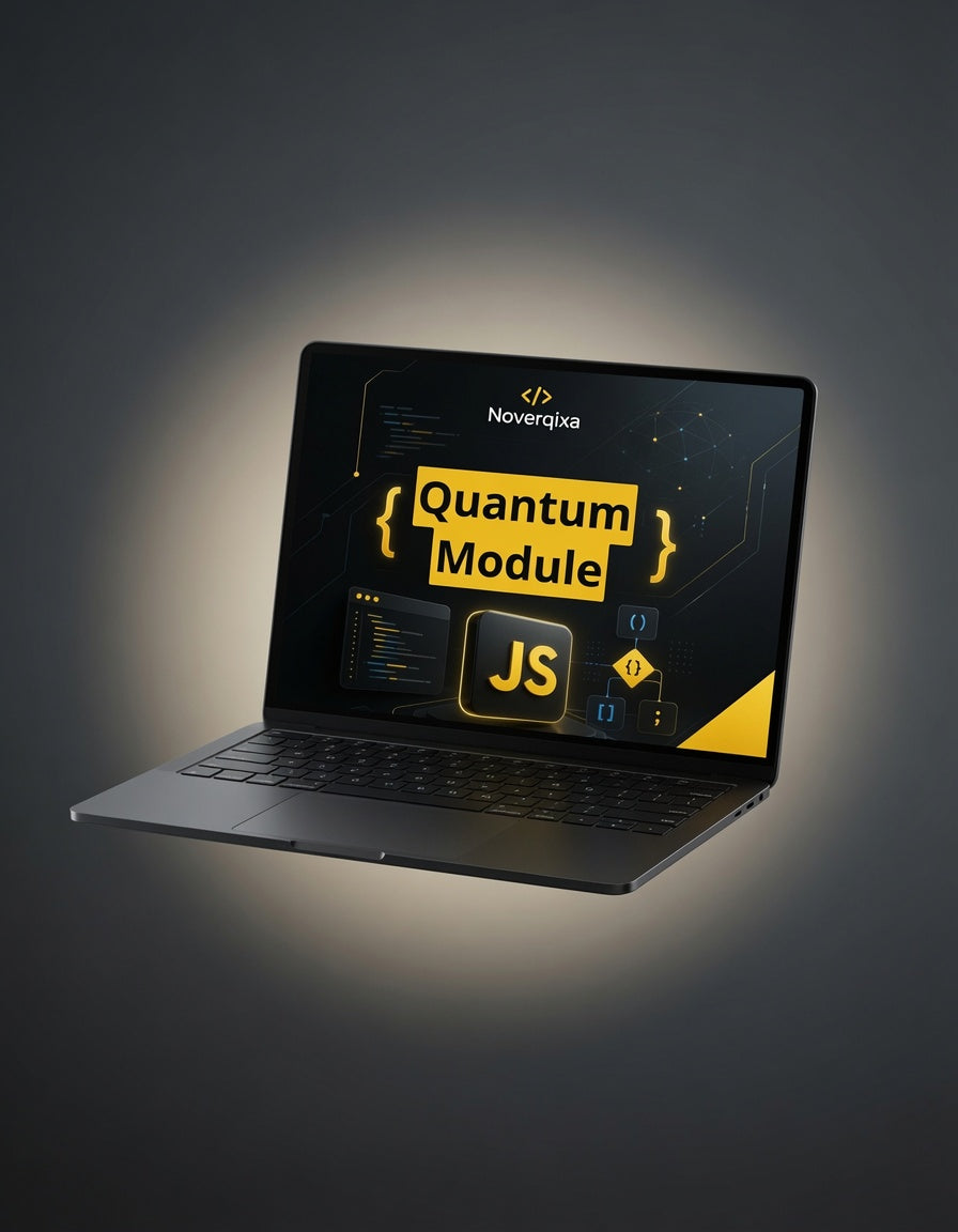 A dark gray laptop floating at an angle against a dark gray background with a soft glow around the screen. The laptop displays a digital course or module interface with the text 'Noverqsa Quantum Module' and 'JS' in yellow and white.