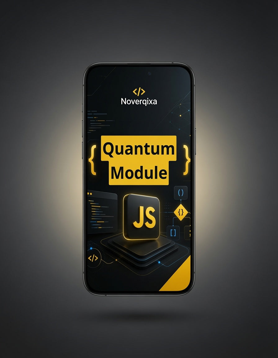 A smartphone centered on a dark gradient background, displaying a digital interface with the text 'Noverqixa' and 'Quantum Module' in yellow and black, plus a JS icon and code-themed graphics.