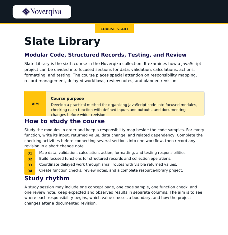 A digital course page for 'Slate Library' by Noveriqa, outlining the course aims, how to study, and study rhythm with text sections and a yellow highlighted box.