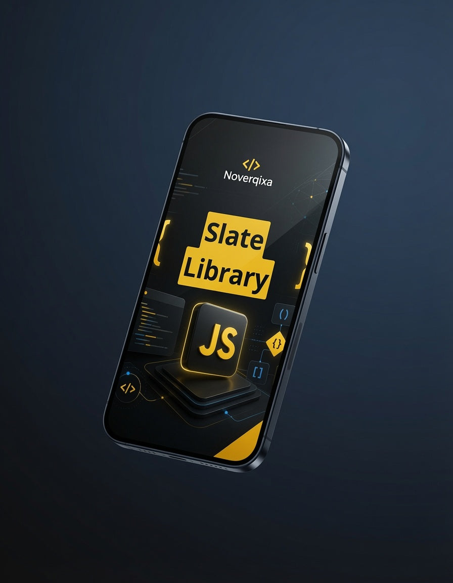 A smartphone shown at an angle against a dark blue gradient background, displaying a digital interface for a 'Slate Library JS' package with the Noverqia brand logo visible at the top of the screen.