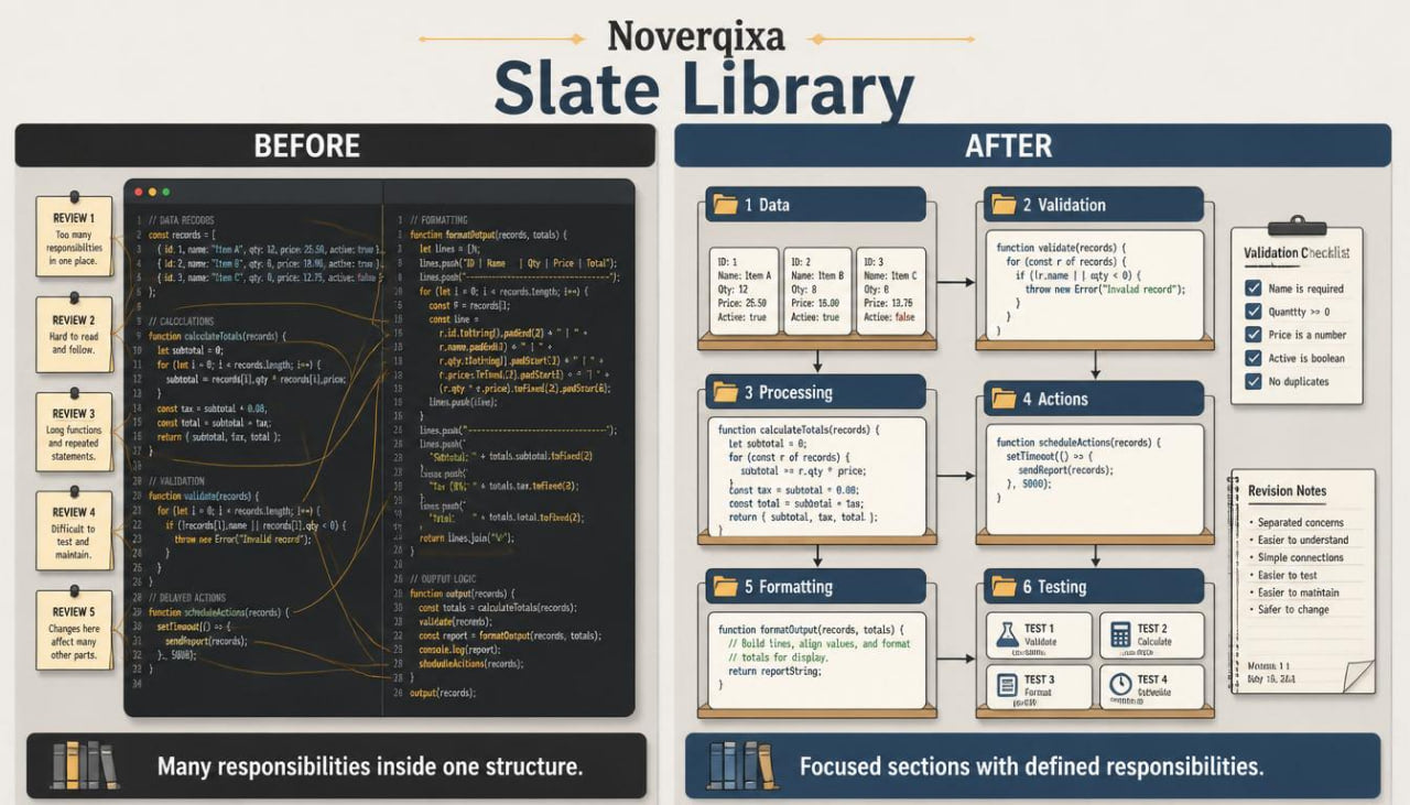 A digital infographic titled 'Noveriqxa Slate Library' comparing a 'Before' state with an 'After' state of software organization. The left 'Before' section shows a dark code editor with multiple small UI panels on the left side.