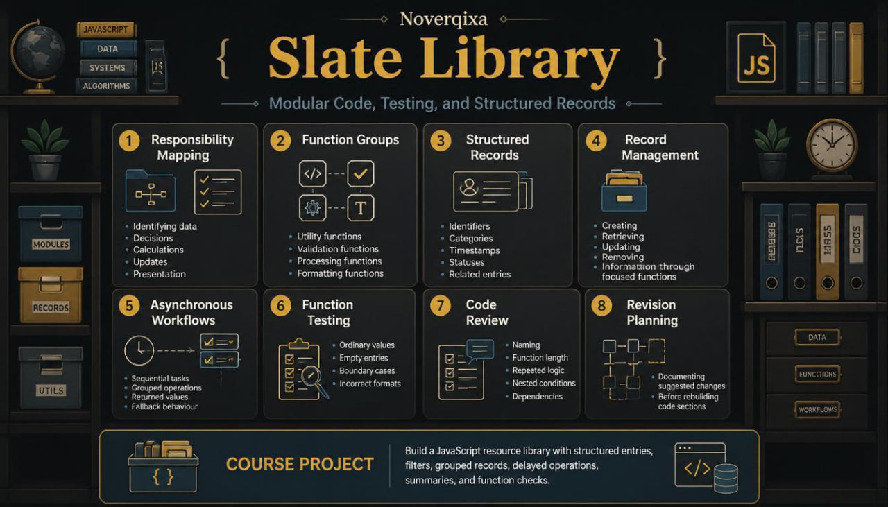 A dark-themed educational infographic titled 'Slate Library' by Noverqia, detailing a course project on modular code, function groups, structured records, and revision planning with illustrated icons and text blocks.
