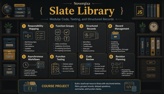 A dark-themed educational infographic titled 'Slate Library' by Noverqia, detailing a course project on modular code, function groups, structured records, and revision planning with illustrated icons and text blocks.