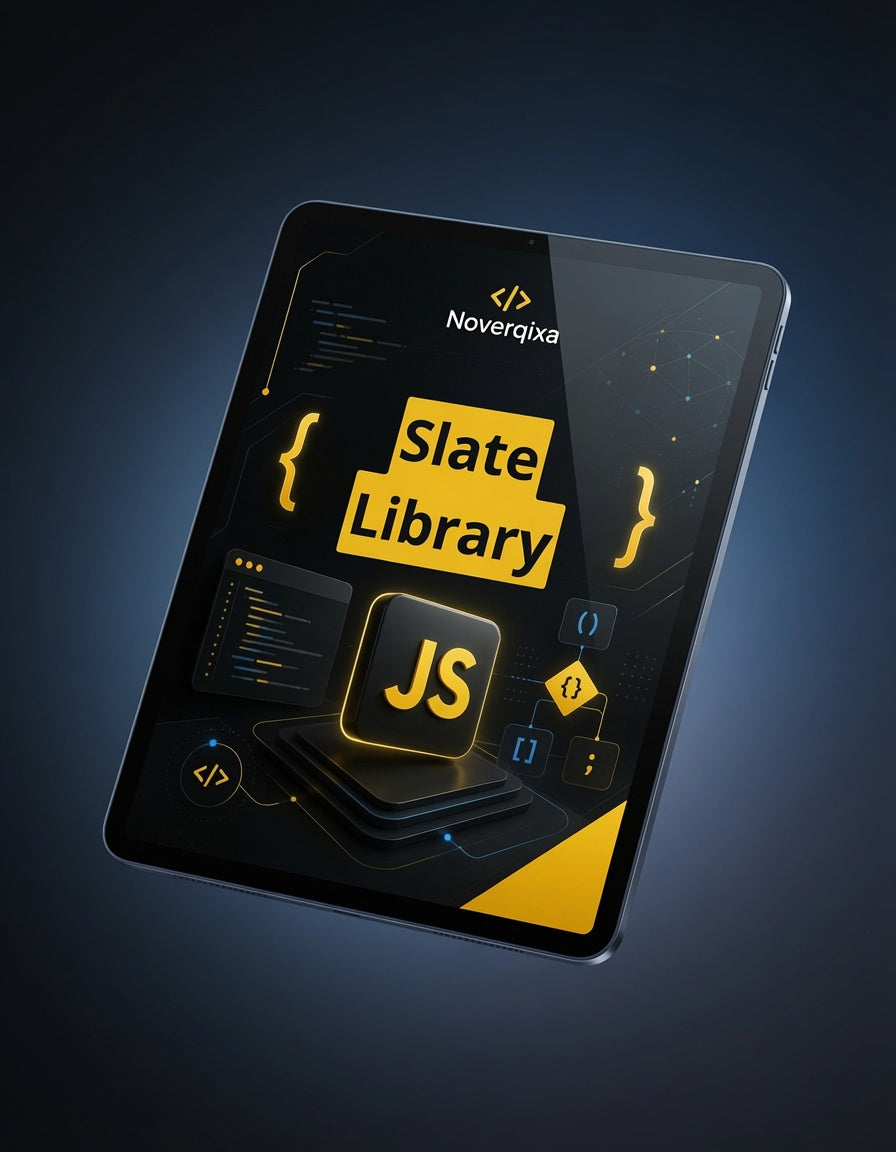 A digital mockup of a tablet angled diagonally against a dark blue gradient background. The tablet screen displays a dark-themed interface with yellow accents, featuring the text 'Slate Library' and the 'Noverqixa' brand name.