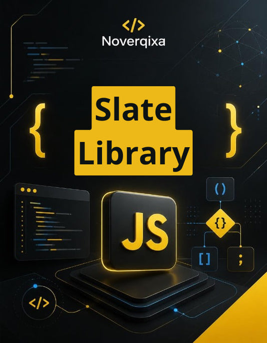 Promotional graphic for 'Slate Library' by Noverqixa, featuring a dark slate blue and yellow UI design theme with a stylized JS icon, code panels, and tech circuit elements on a black background.
