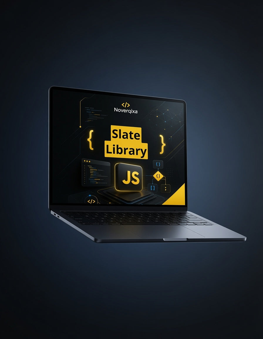 A dark gray laptop floating at an angle against a dark blue gradient background, displaying a 'Slate Library JS' graphic on its screen with the 'Now.js' logo.